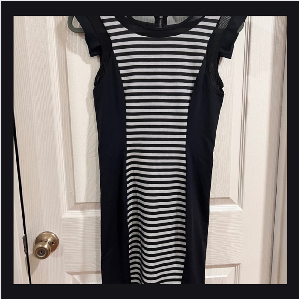 Bebe size small black dress white & black stripes.